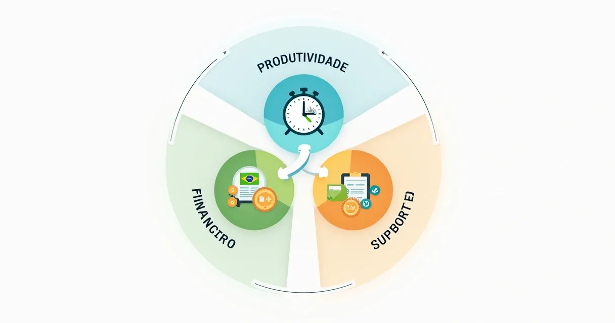 Ícones representando os quatro tipos de pontos de dor do B2B: produtividade, financeiro, processos e suporte 