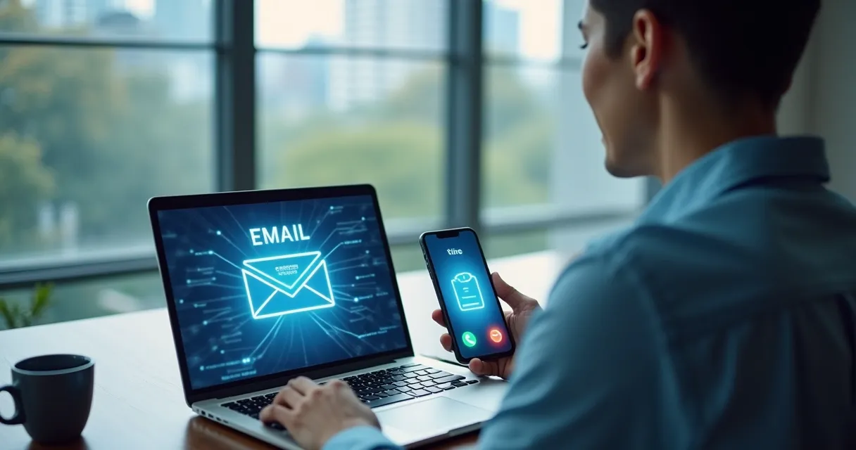 Profissional fazendo contato B2B por e-mail, telefone e LinkedIn em um ambiente de escritório.