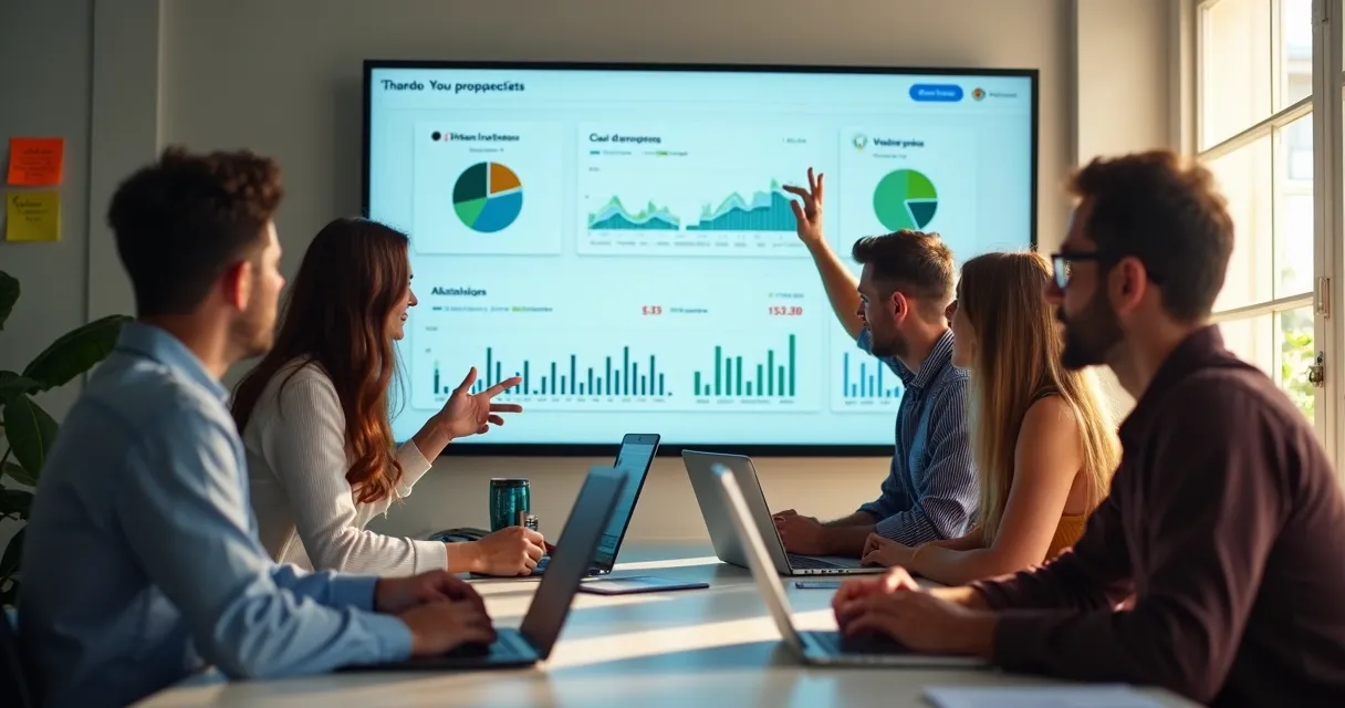 Equipe de prospecção analisando métricas em tela compartilhada e ajustando estratégias. 