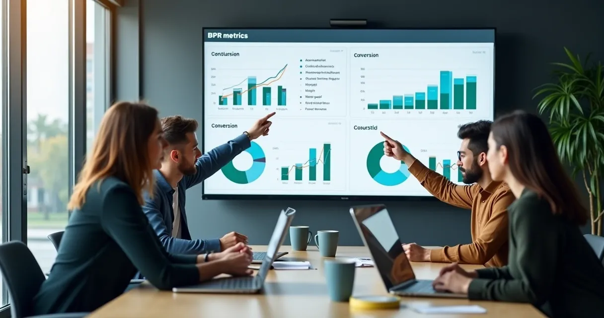 Equipe comercial revisando métricas BDR em reunião com gráficos na parede