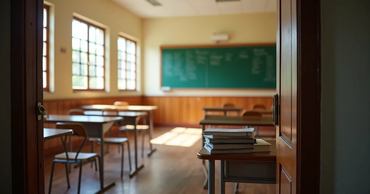 Sala de aula vazia com carteiras organizadas, quadro e material escolar.