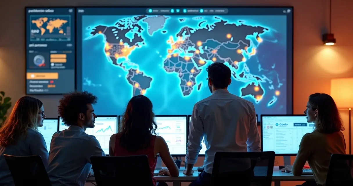 Equipe analisando campanhas de marketing digital em múltiplas telas com dados anônimos 