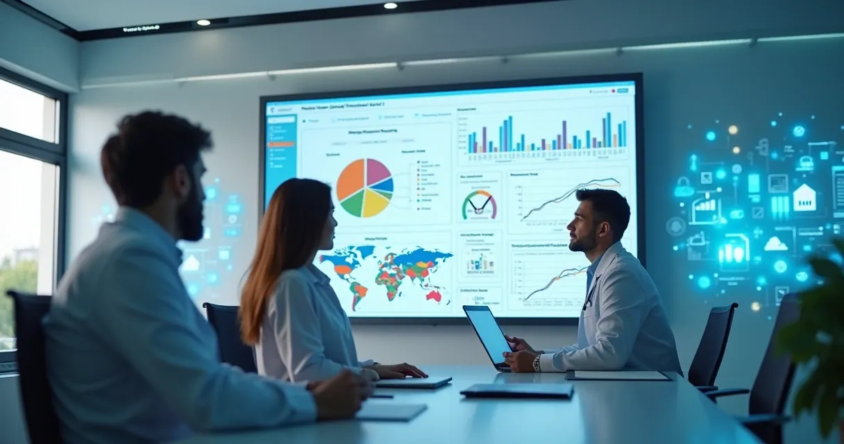 Equipe analisando dados de leads de saúde em uma grande tela