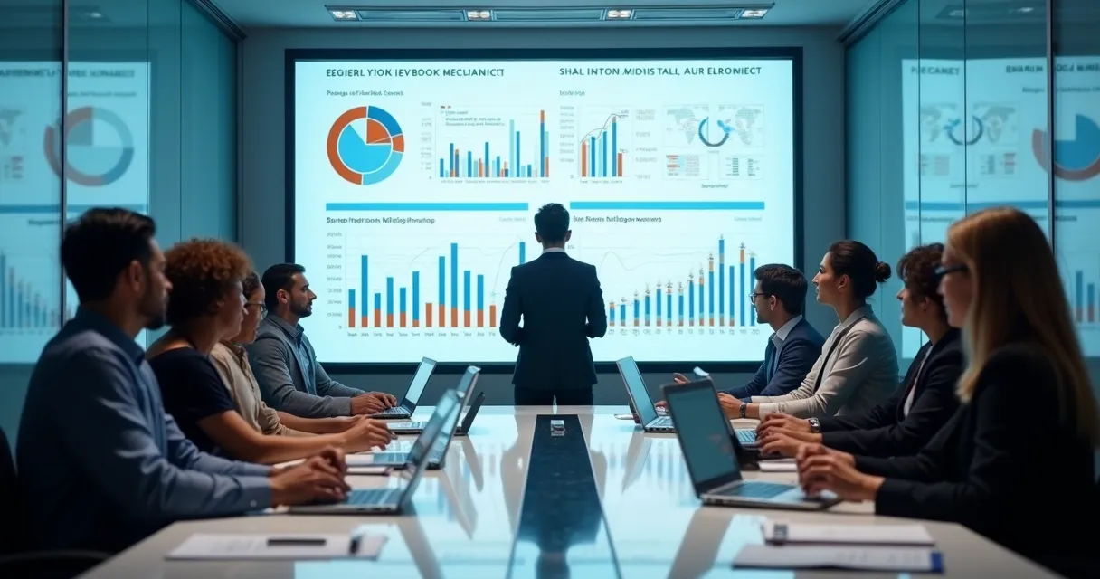 Equipe analisando dashboards de dados de vendas em uma sala de reunião