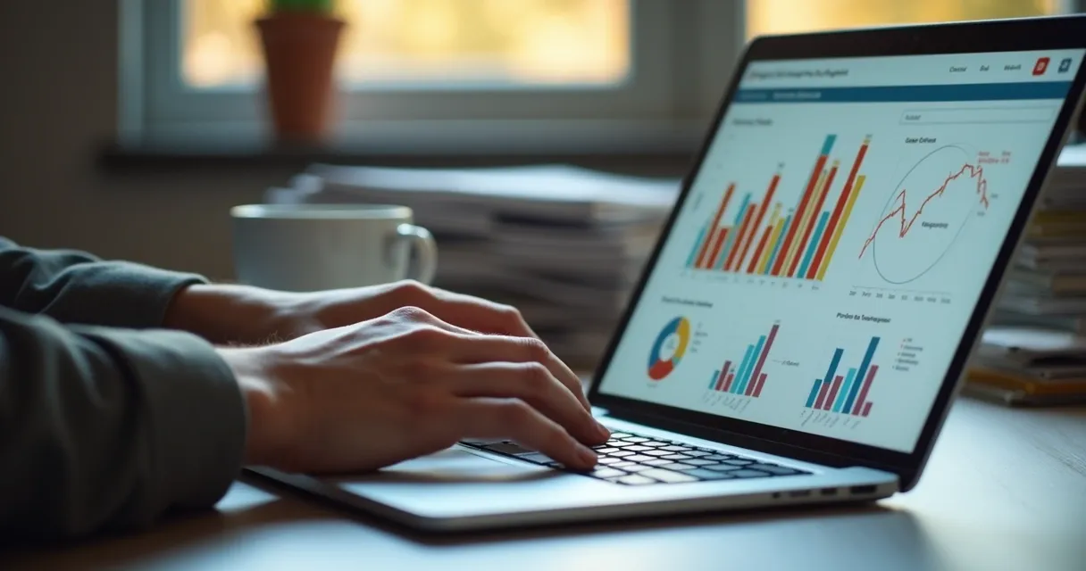 Analista observa gráficos de dados de vendas na tela de um laptop 