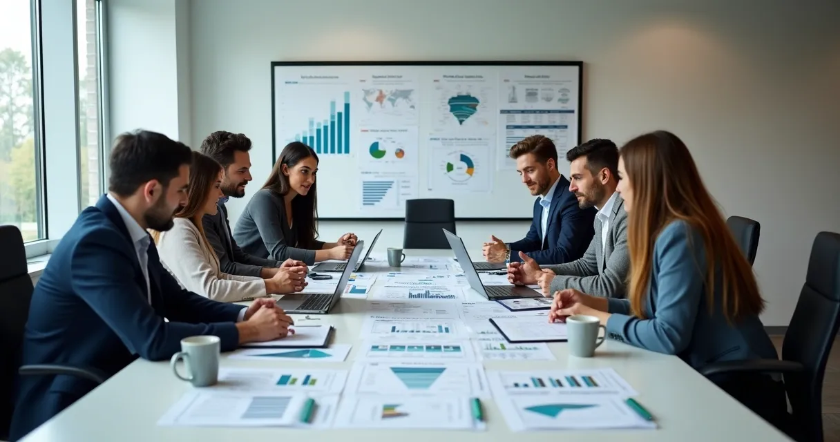 Equipe analisando gráficos de dados logísticos em uma mesa de reunião