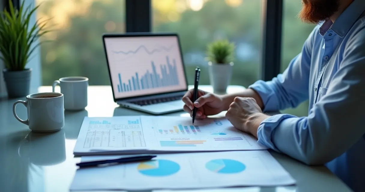 Profissional analisando planilha de dados detalhada de marketing