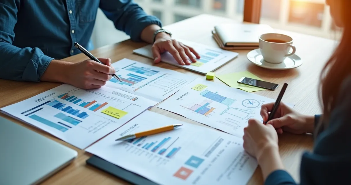 Mesa com planilhas e gráficos de ROI em vendas B2B ao redor de notebook
