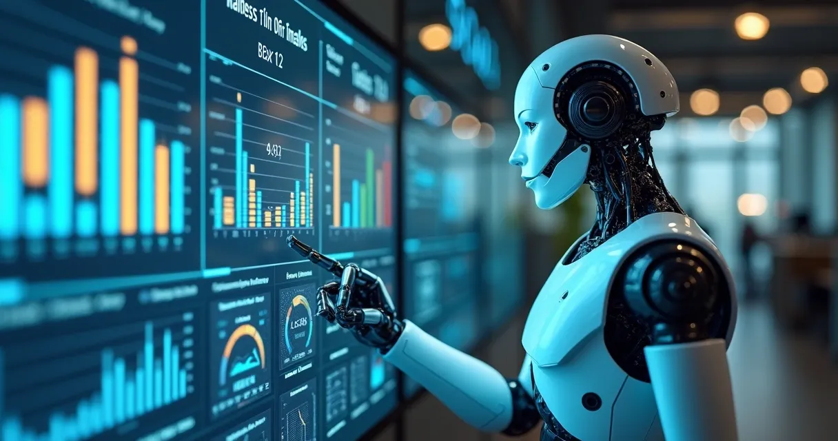 Robô digital analisando gráficos e dados de vendas em tempo real num escritório moderno 