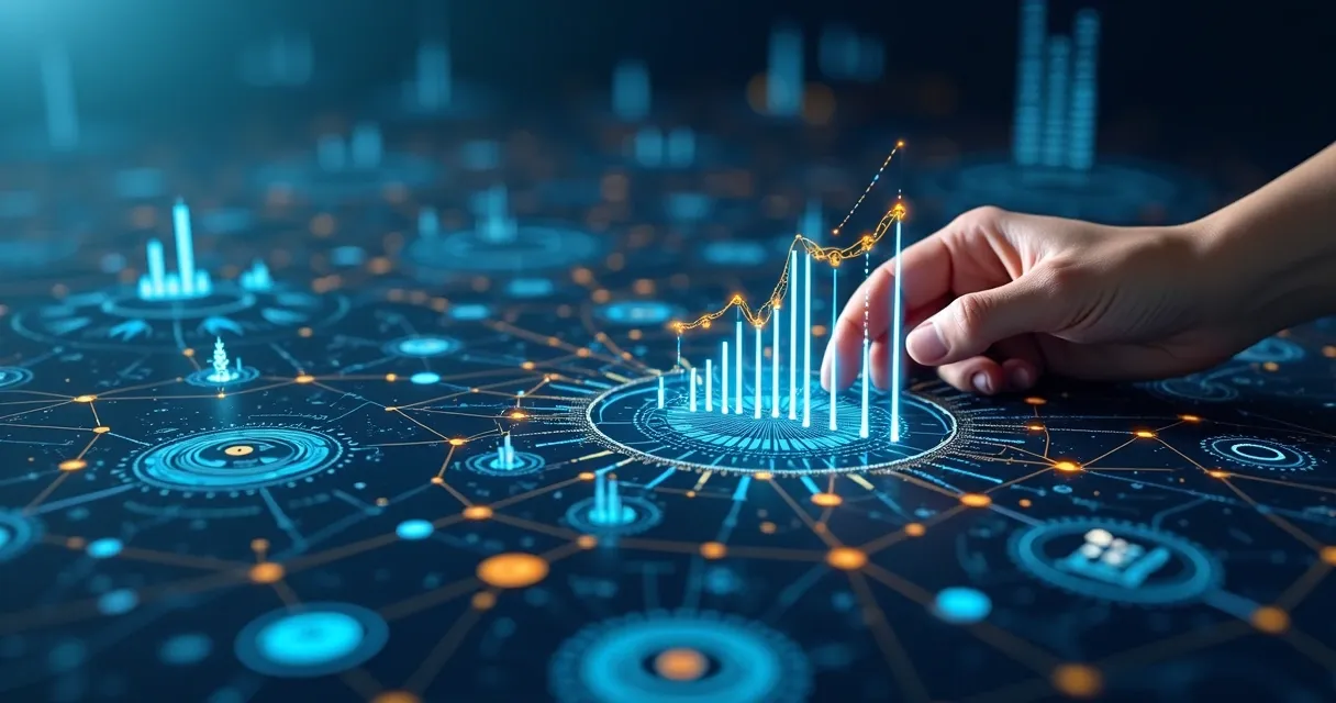 Fluxo automatizado de dados em fintech com gráficos e conexões digitais