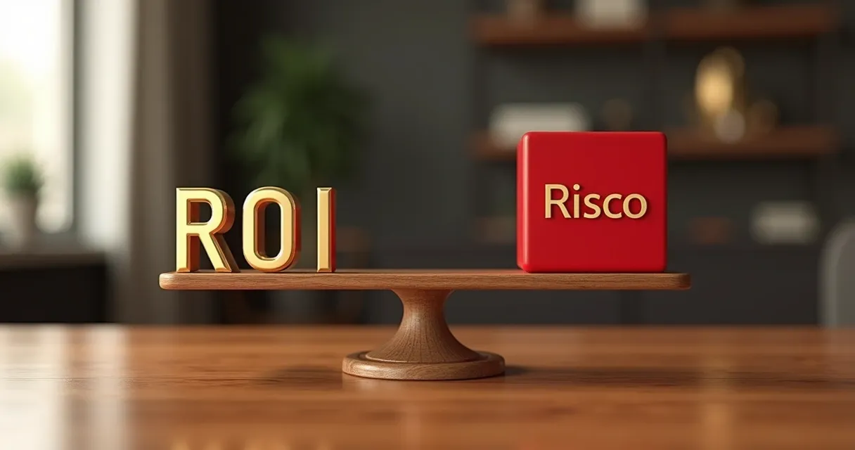 Balança com ROI de um lado e risco do outro, equilibradas no centro 