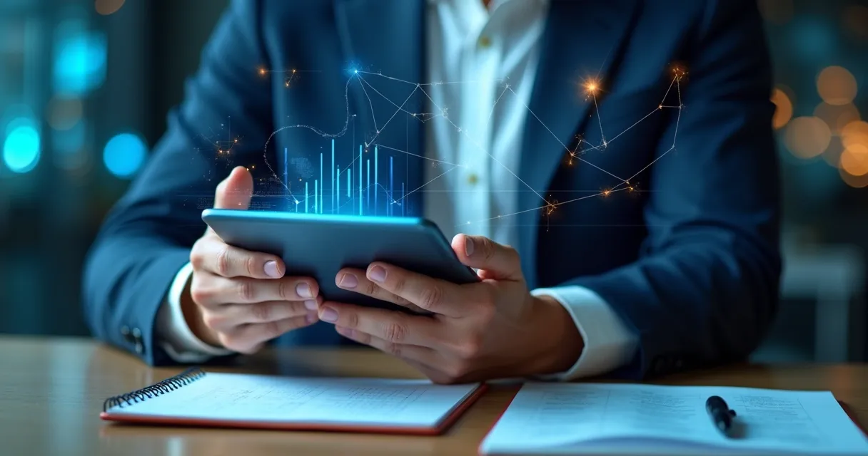 BDR fazendo prospecção com dados em tablet e anotações
