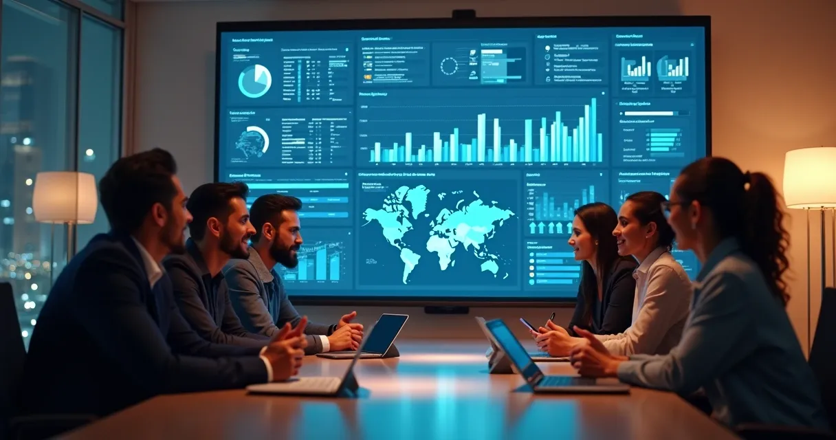 Foto de equipe usando painel digital com dados de inteligência comercial em uma reunião.