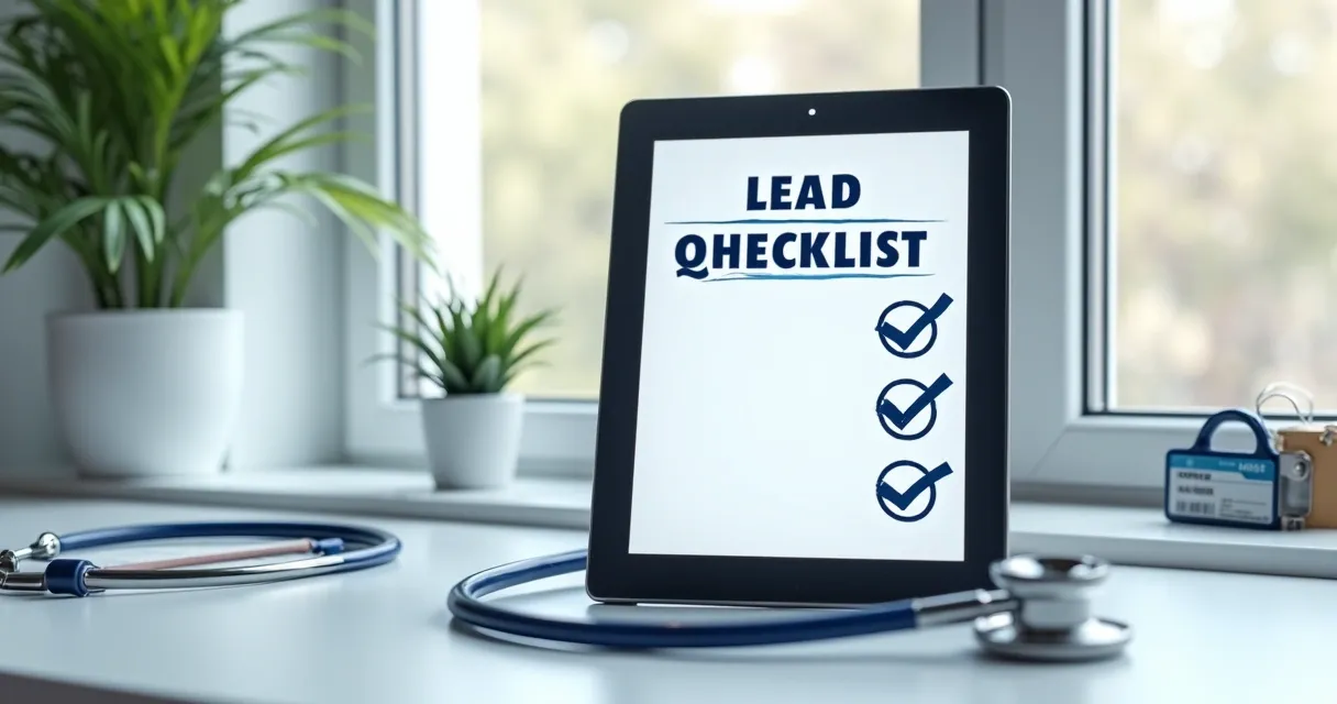 Checklist digital preenchido em tablet ao lado de itens de saúde