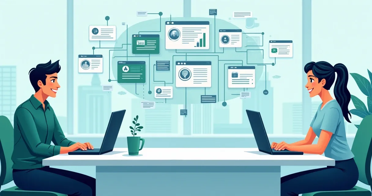 Fluxo integrado entre inbound e outbound B2B mostrando equipes conectadas via tecnologia 