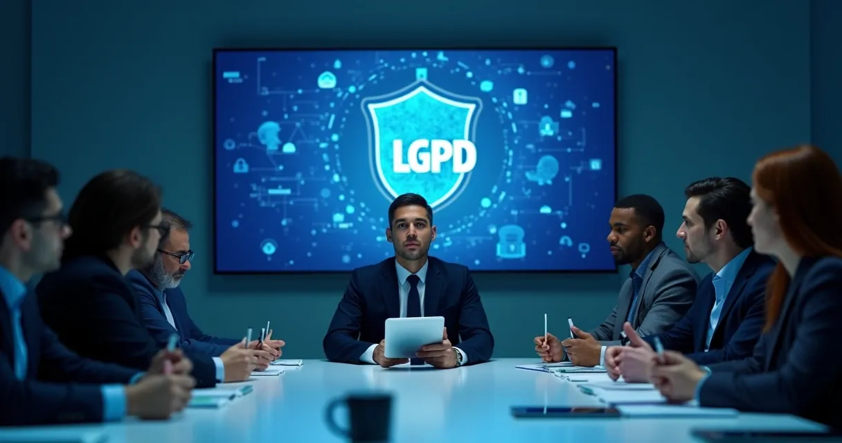 Equipe reunida discutindo segurança e privacidade de dados para LGPD 