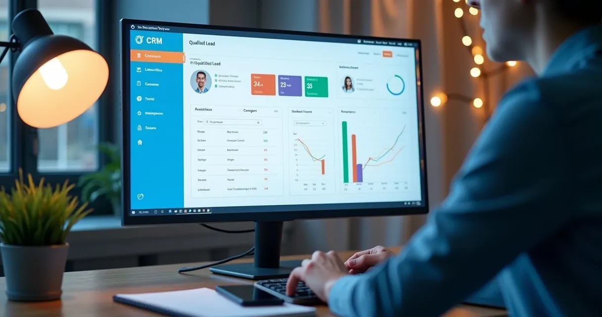 Tela de CRM mostrando detalhes de lead qualificado e ações do BDR