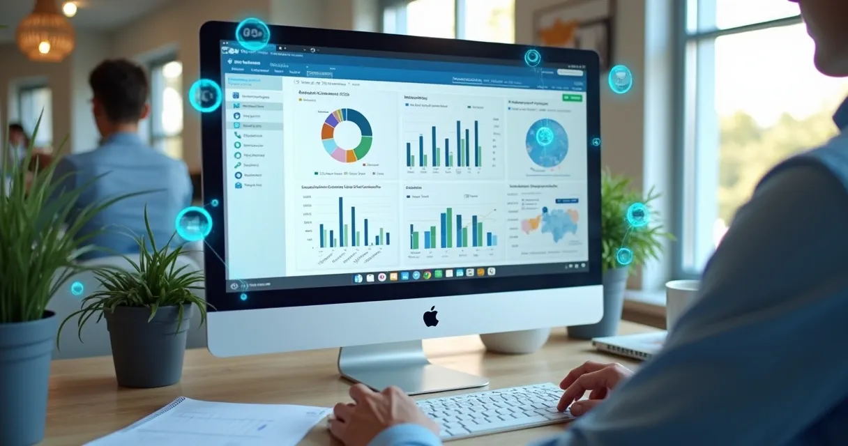 Tela de CRM aberta conectada a planilhas, telefones e mapas, ilustrando integração dos processos de prospecção B2B