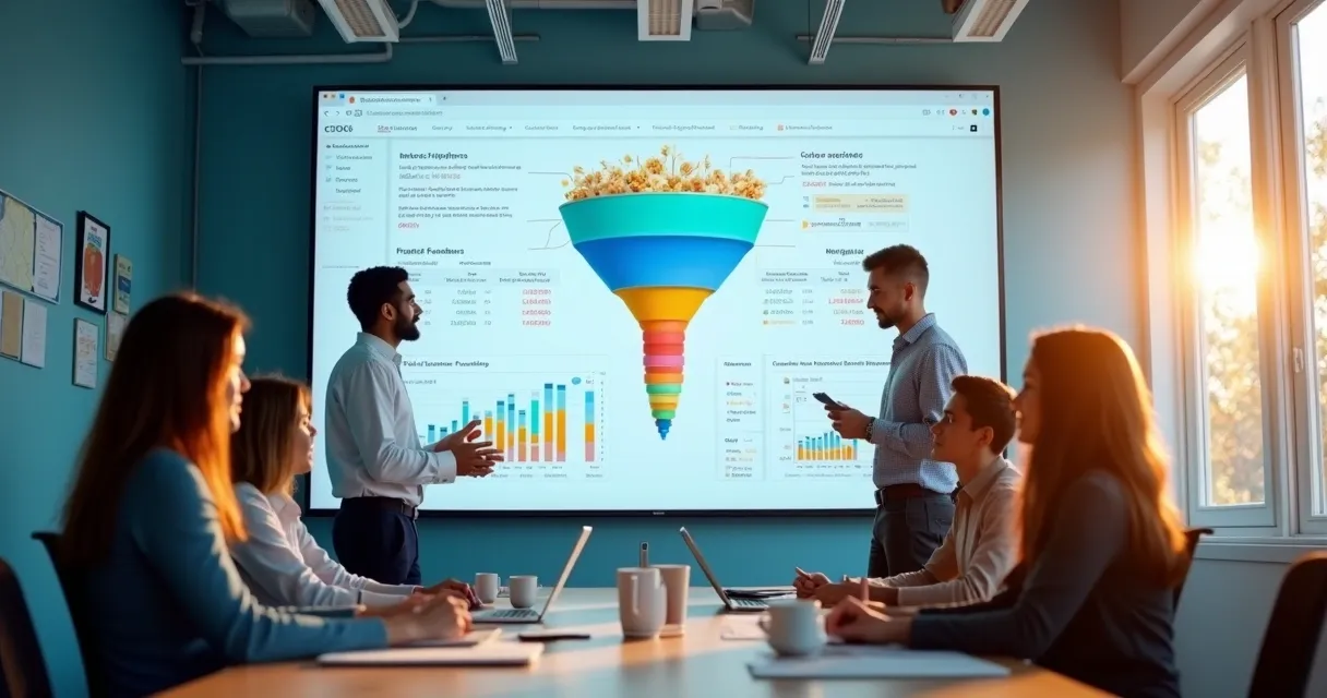 Equipe analisando funil de vendas pré-venda em tela de CRM grande 