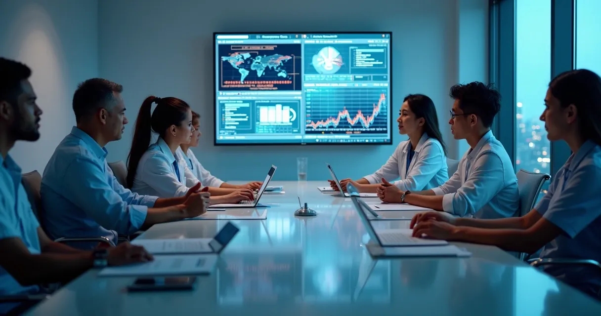Equipe multidisciplinar discutindo desafios de dados em saúde