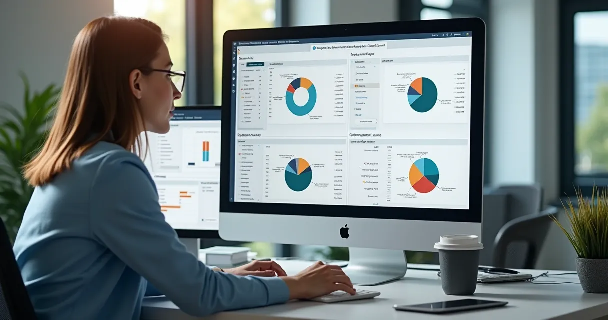 Analista avaliando informações de leads em diversos gráficos digitais