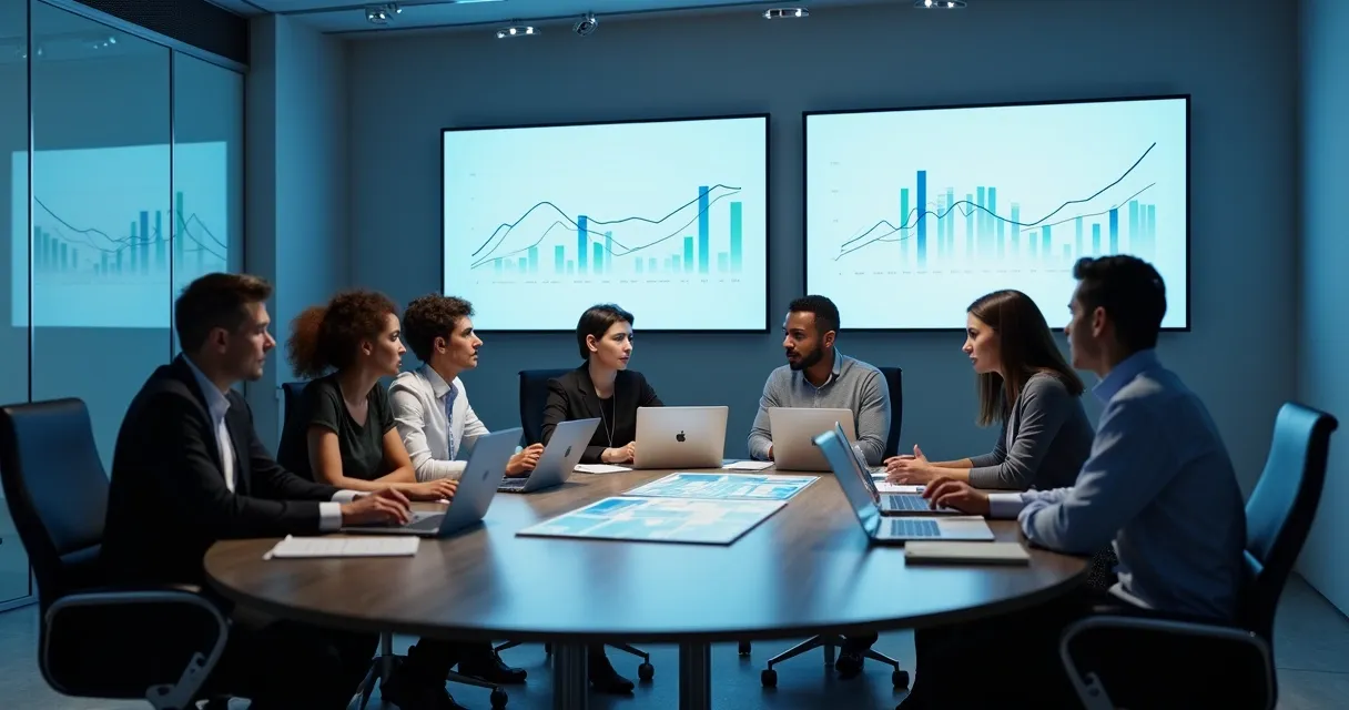 Equipe discute números e projeções em sala de reunião moderna 