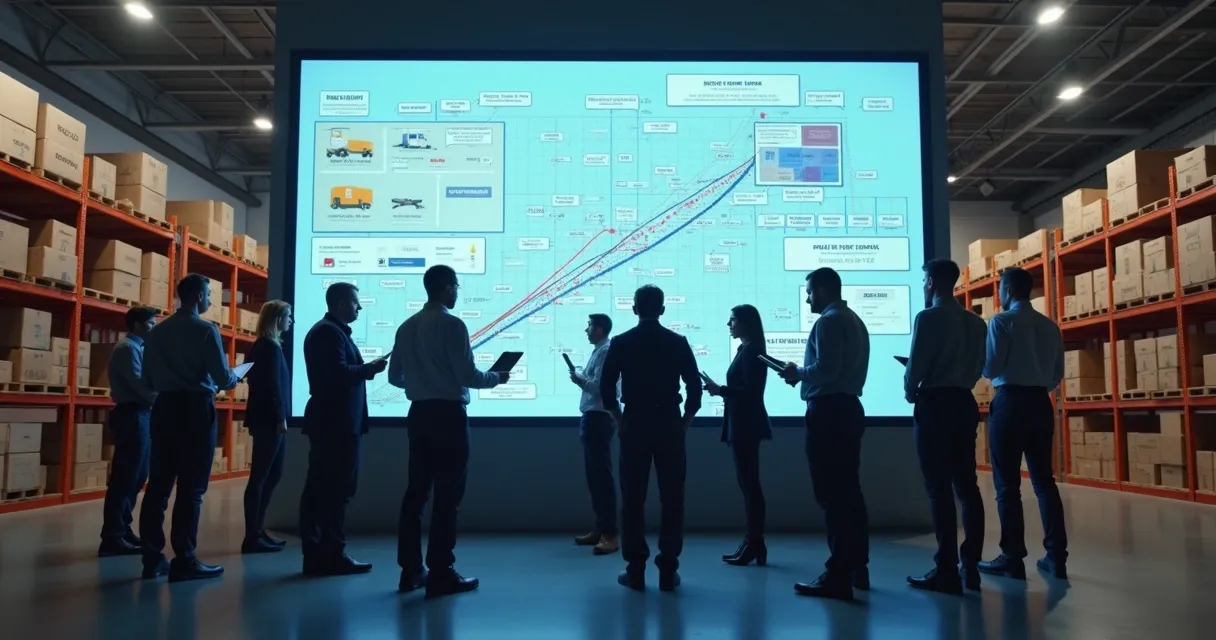 Pessoas analisando planos de vendas em empresa de logística