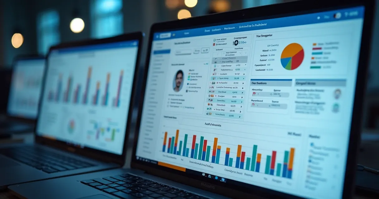 Painel de enriquecimento de dados do LinkedIn com gráficos e tabelas em monitor moderno