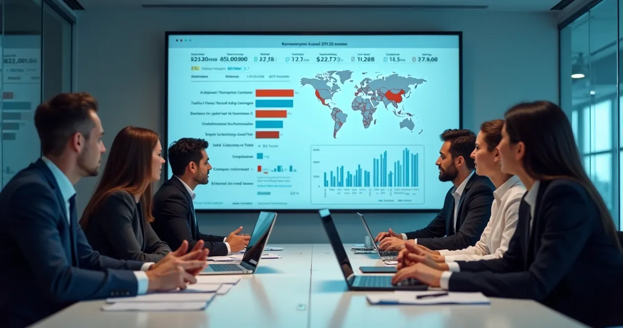Equipe comercial analisa dados em software na mesa de reunião