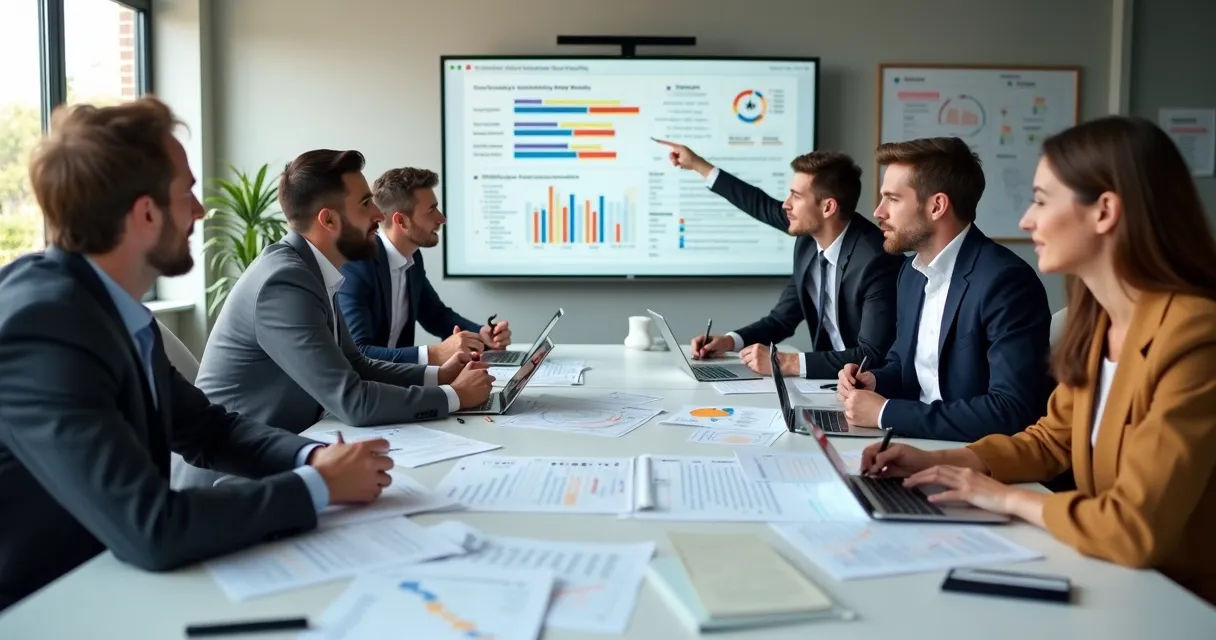 Equipe comercial analisando lista de leads em sessão de planejamento