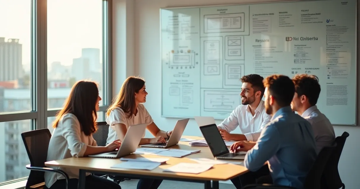 Equipe comercial em reunião planejando estratégias B2B 