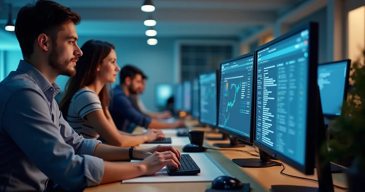 Equipe de vendas enriquecendo leads com computadores