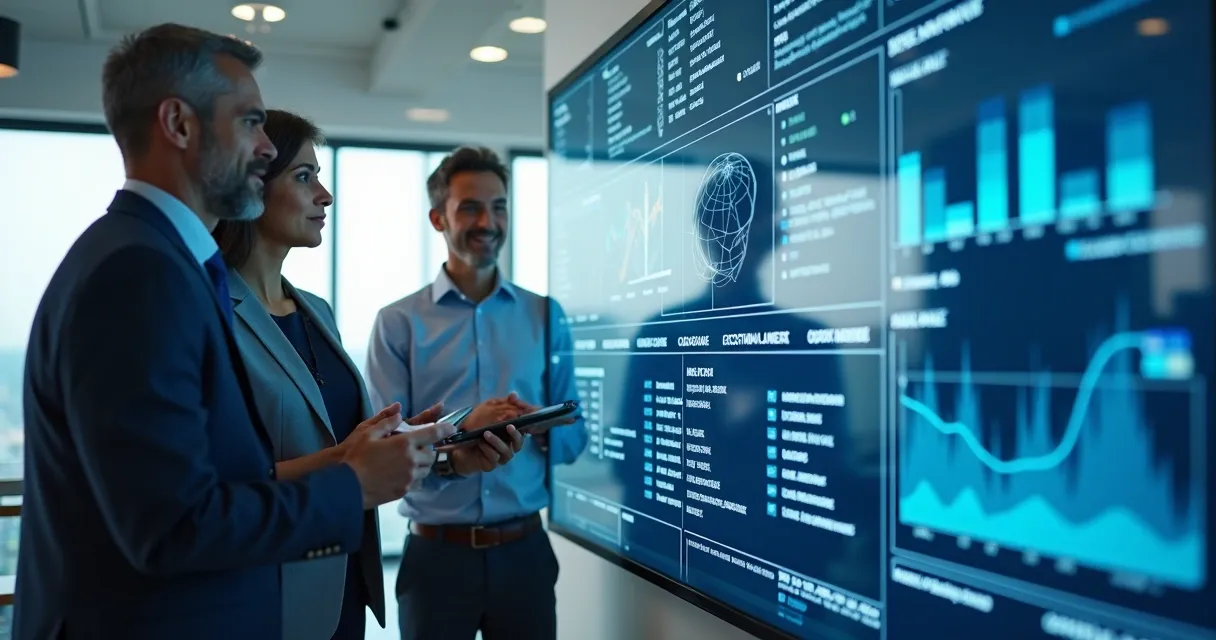 Equipe analisando dados cadastrais em uma grande tela digital 