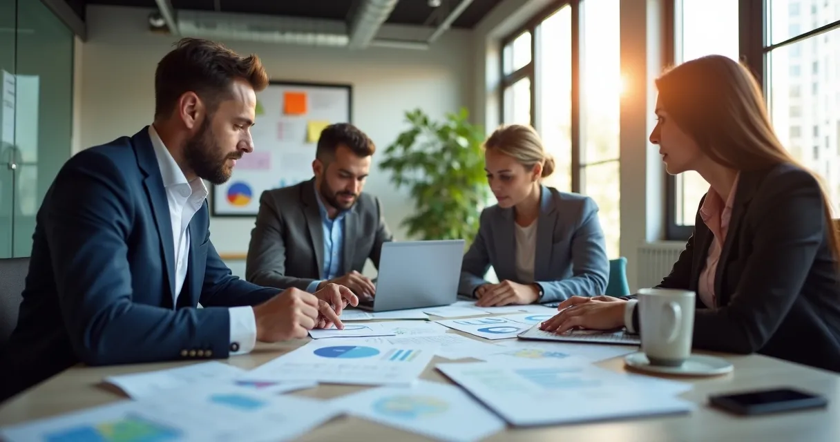 Equipe de vendas B2B reunida ao redor de uma mesa analisando dados. 