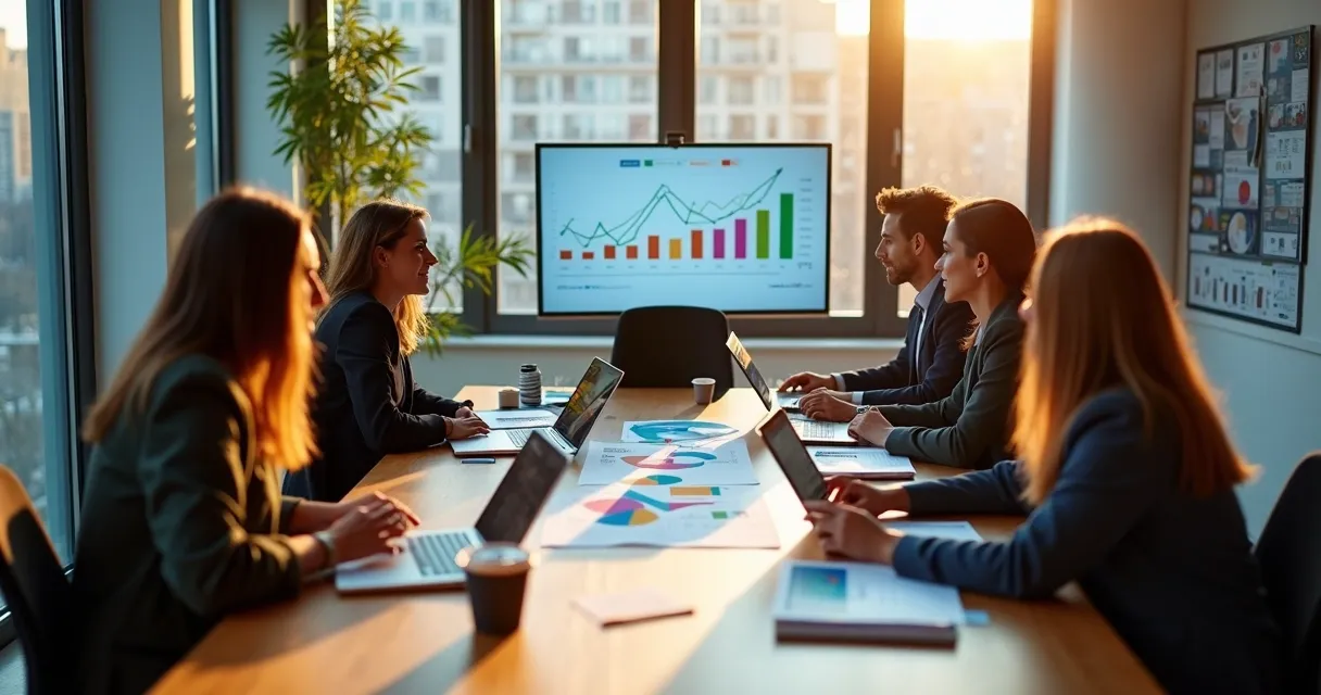 Profissionais analisando gráficos e indicadores em uma mesa de reunião