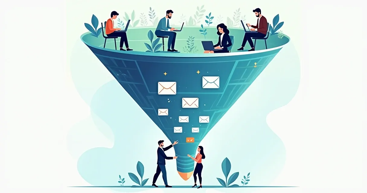 Desenho de funil de vendas com pessoas consumindo conteúdo digital na base do funil 