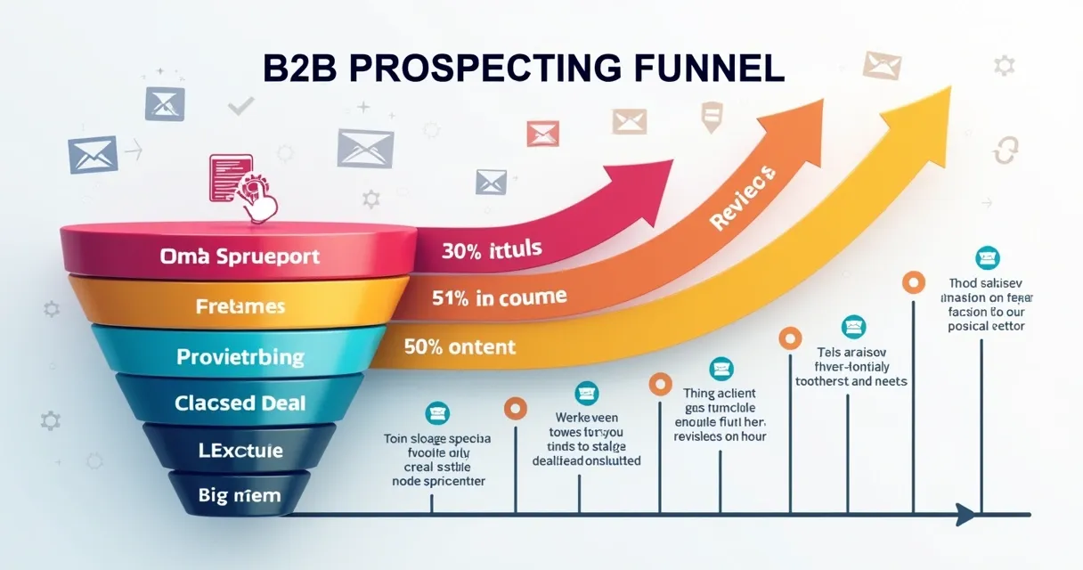 Fluxo visual de funil de prospecção B2B mostrando etapas e conversões. 