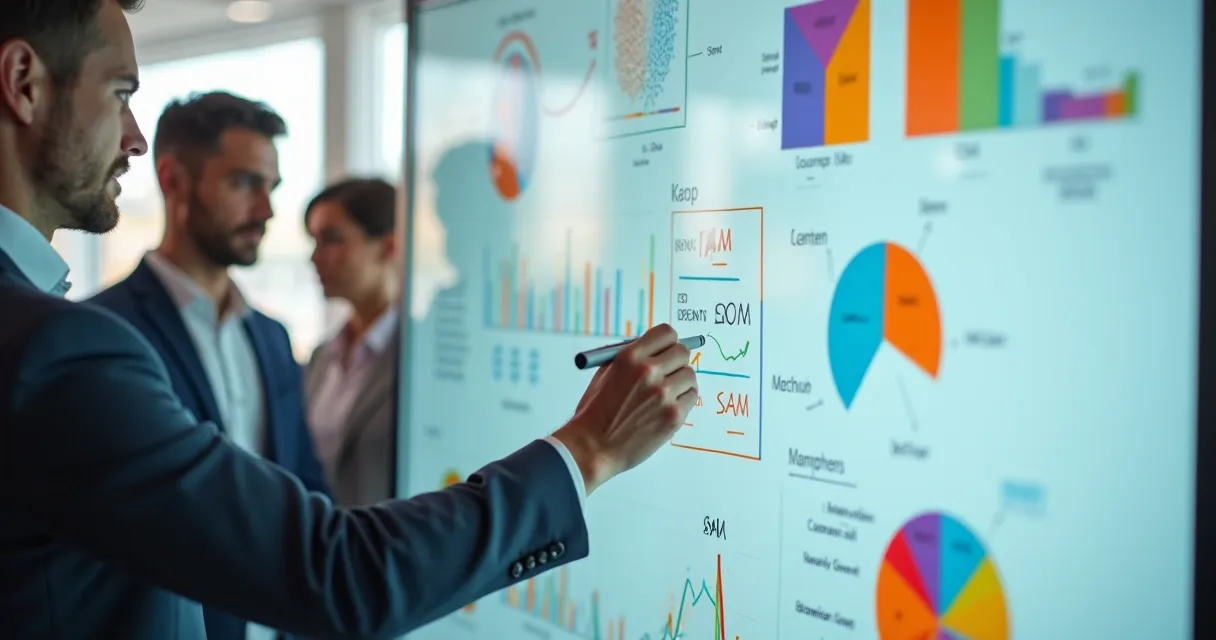 Gráfico TAM, SAM, SOM para vendas B2B em lousa digital 