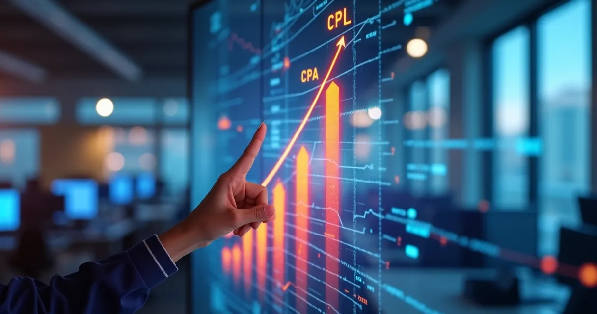 Indicadores de CPL, CPA e ROI crescendo graficamente