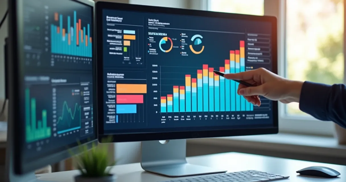 Gráficos e indicadores de qualidade de dados B2B em tela de computador 