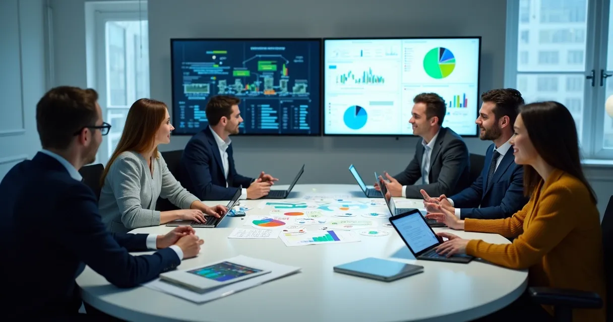 Equipe reunida alinhando marketing e vendas com gráficos