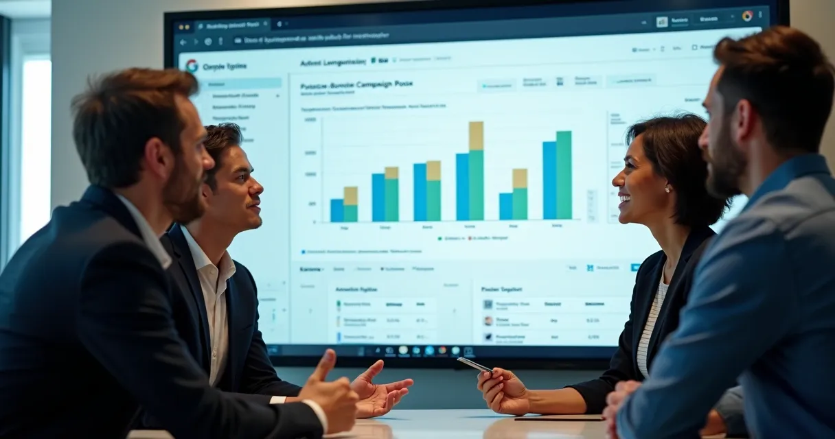 Equipe de marketing e vendas analisando dados em tela de CRM