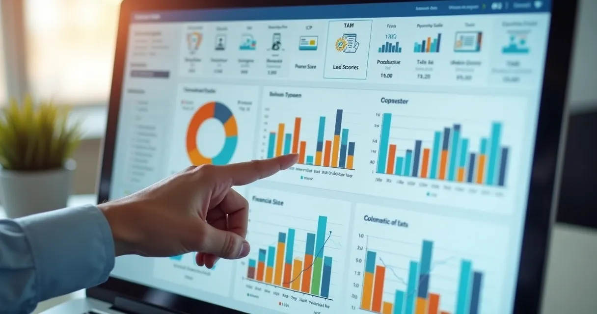 Painel digital mostrando inteligência de dados comerciais com filtros, gráficos e segmentação de leads 