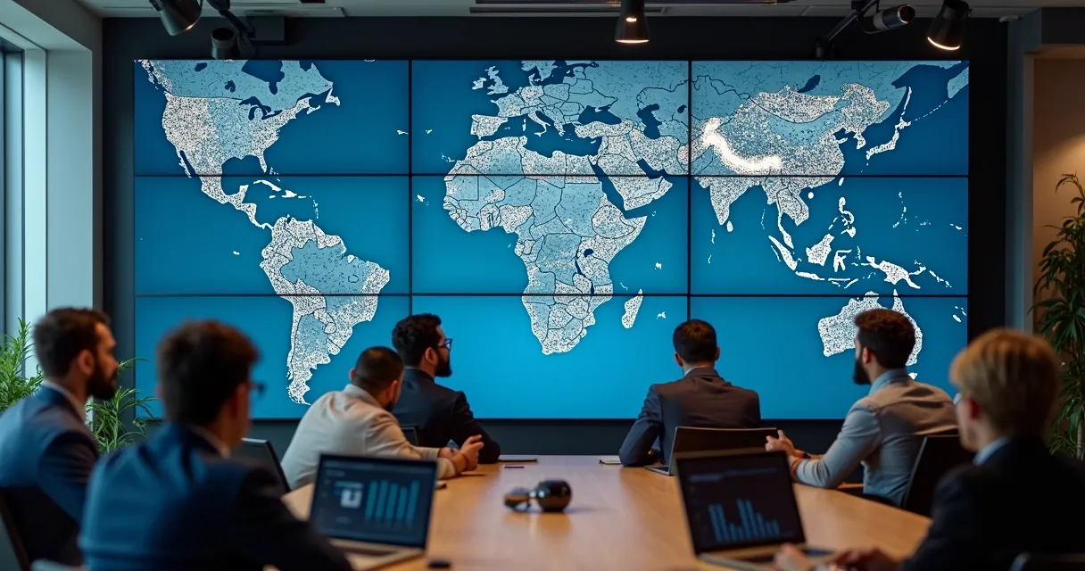 Equipe analisando painéis de dados de funil digital com mapas e gráficos