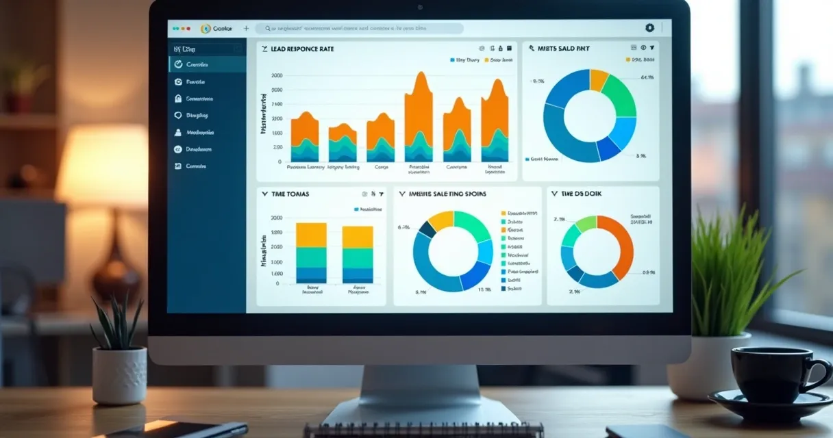 Dashboard digital com gráficos de métricas de prospecção de vendas B2B. 