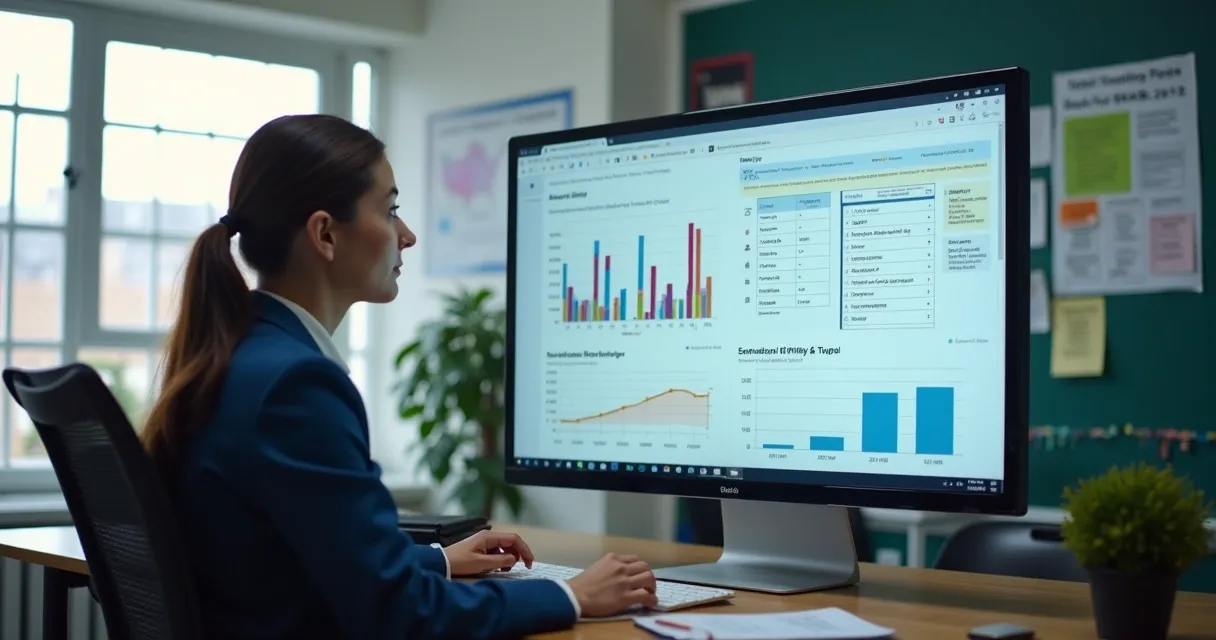 Gestora escolar analisando dados em tela de computador