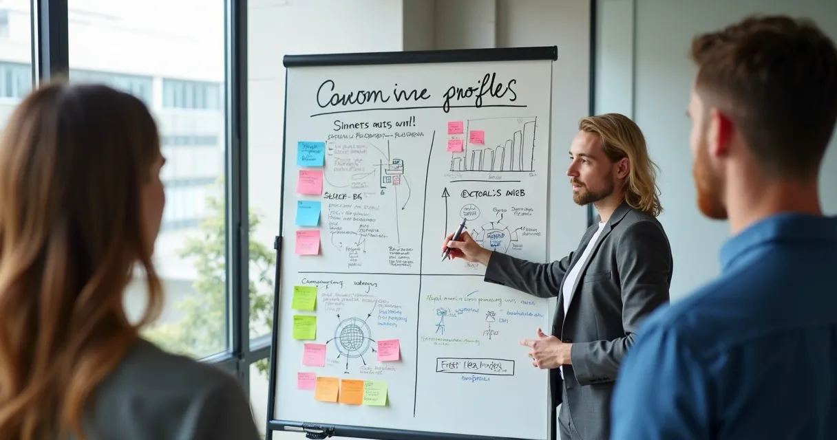 Quadro branco com anotações sobre perfil de cliente ideal (ICP) em ambiente de escritório. 