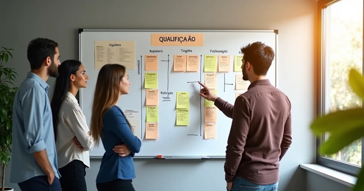 Equipe analisando as etapas do funil de vendas em quadro grande