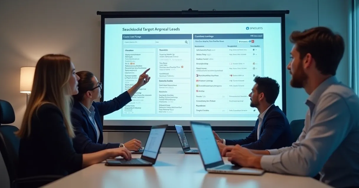 Equipe comercial discutindo lista de leads educacionais