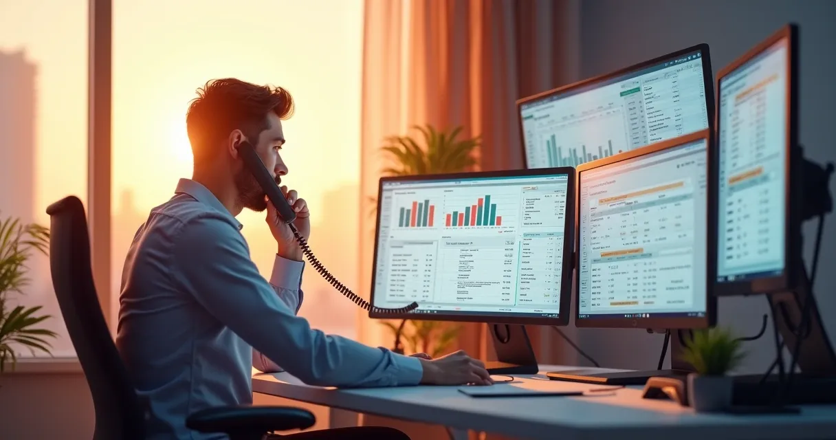 Profissional de vendas fazendo ligação B2B com dados e gráficos em tela 